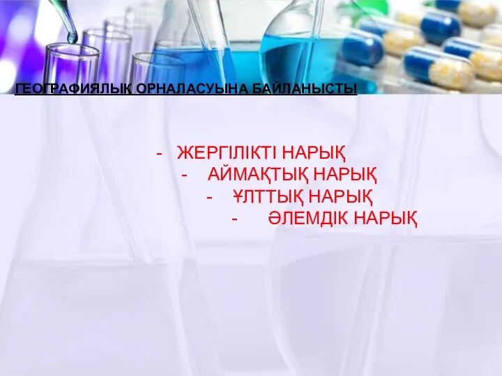 ГЕОГРАФИЯЛЫҚ ОРНАЛАСУЫНА БАЙЛАНЫСТЫ - ЖЕРГІЛІКТІ НАРЫҚ - АЙМАҚТЫҚ НАРЫҚ - ҰЛТТЫҚ НАРЫҚ - ӘЛЕМДІК НАРЫҚ