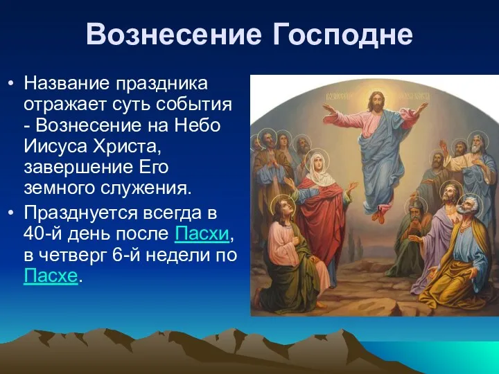 Вознесение Господне Название праздника отражает суть события - Вознесение на Небо Иисуса Христа,