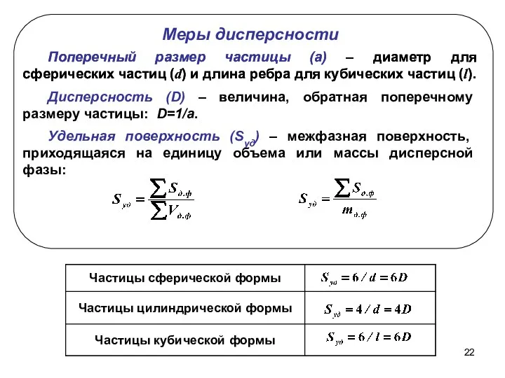 Поперечный размер частицы (а) – диаметр для сферических частиц (d)