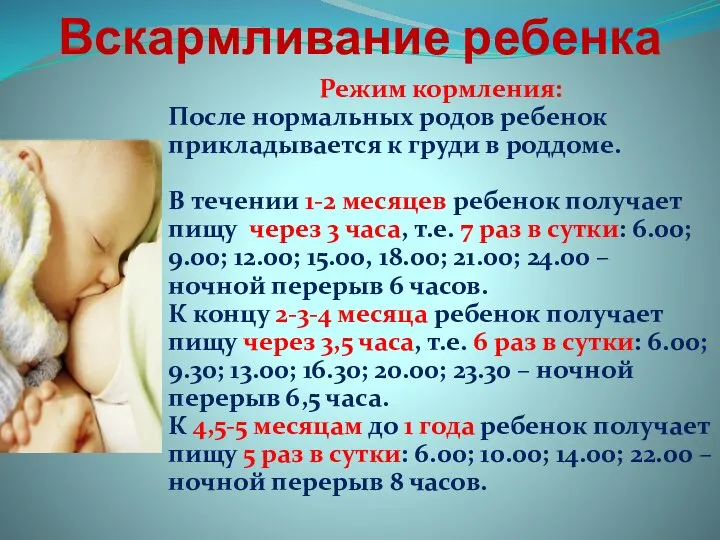 Вскармливание ребенка Режим кормления: После нормальных родов ребенок прикладывается к груди в роддоме.