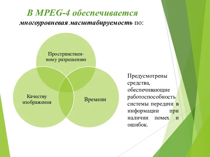 В MPEG-4 обеспечивается многоуровневая масштабируемость по: Предусмотрены средства, обеспечивающие работоспособность