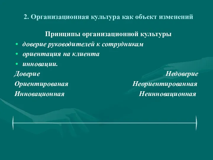 2. Организационная культура как объект изменений Принципы организационной культуры доверие