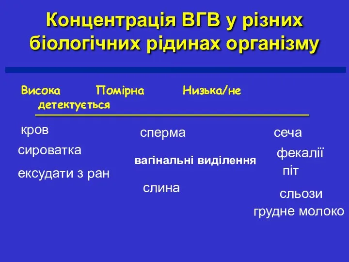 Концентрація ВГВ у різних біологічних рідинах організму Висока Помірна Низька/не