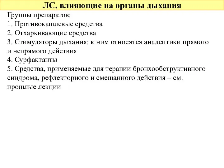 ЛС, влияющие на органы дыхания Группы препаратов: 1. Противокашлевые средства