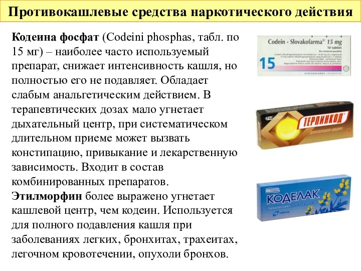 Противокашлевые средства наркотического действия Кодеина фосфат (Codeini phosphas, табл. по