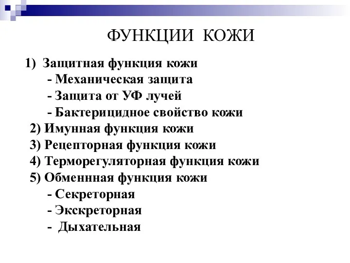 ФУНКЦИИ КОЖИ Защитная функция кожи - Механическая защита - Защита от УФ лучей