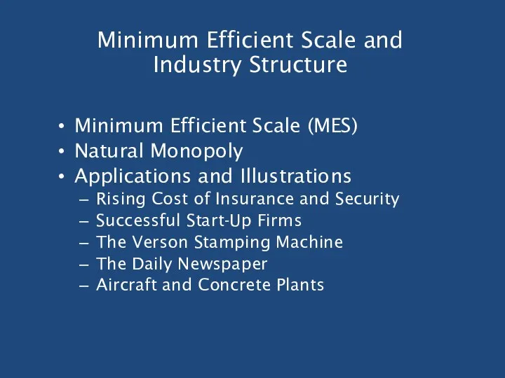 Minimum Efficient Scale and Industry Structure Minimum Efficient Scale (MES)