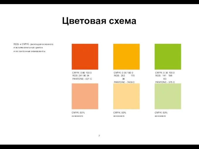 7 Цветовая схема RGB- и CMYK- раскладки основного и вспомогательных цветов и их