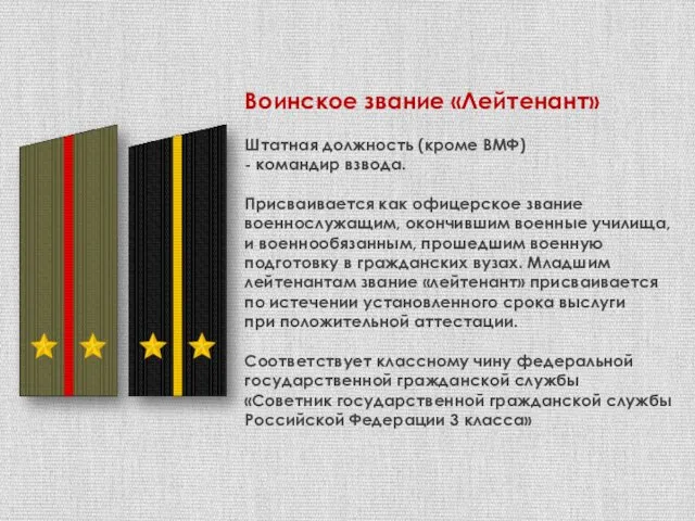 Воинское звание «Лейтенант» Штатная должность (кроме ВМФ) - командир взвода.