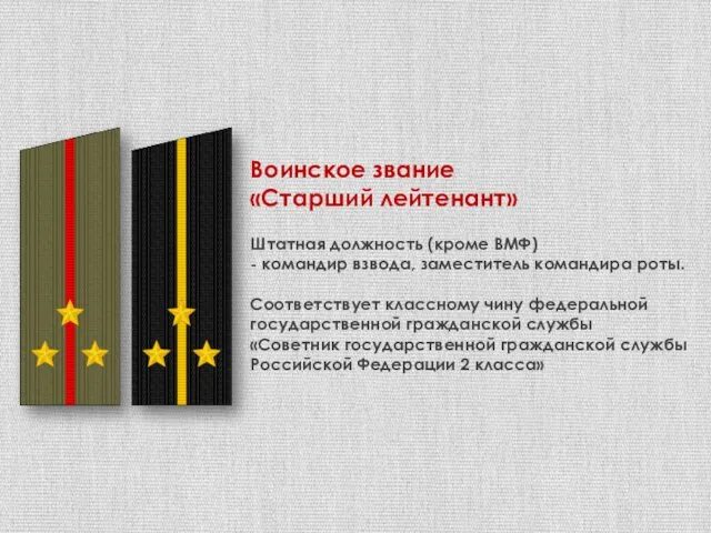 Воинское звание «Старший лейтенант» Штатная должность (кроме ВМФ) - командир