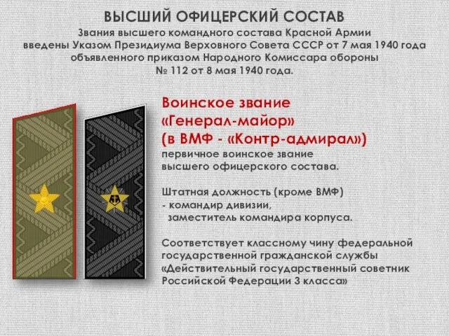 ВЫСШИЙ ОФИЦЕРСКИЙ СОСТАВ Звания высшего командного состава Красной Армии введены