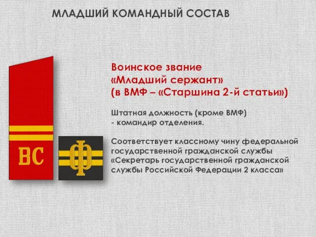 Воинское звание «Младший сержант» (в ВМФ – «Старшина 2-й статьи»)