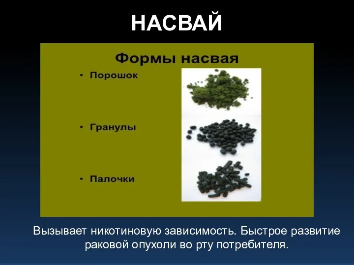 НАСВАЙ Вызывает никотиновую зависимость. Быстрое развитие раковой опухоли во рту потребителя.