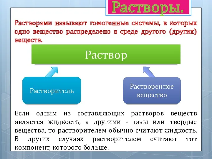 Растворы. Растворами называют гомогенные системы, в которых одно вещество распределено