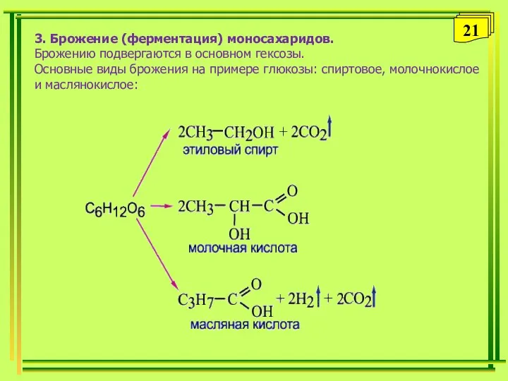 3. Брожение (ферментация) моносахаридов. Брожению подвергаются в основном гексозы. Основные