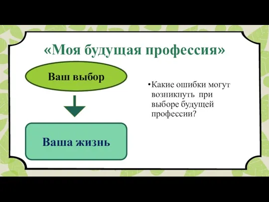 «Моя будущая профессия» Какие ошибки могут возникнуть при выборе будущей профессии? Ваш выбор Ваша жизнь