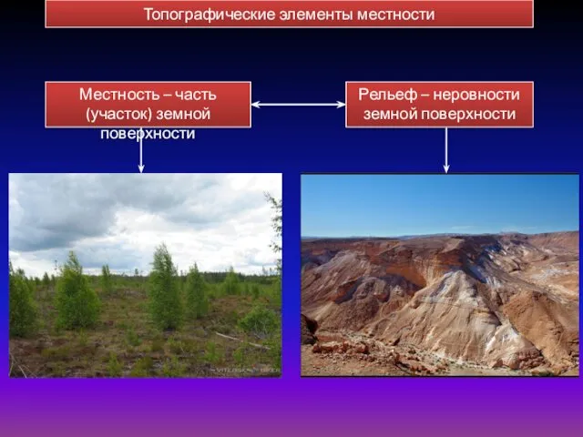 Местность – часть (участок) земной поверхности Рельеф – неровности земной поверхности Топографические элементы местности