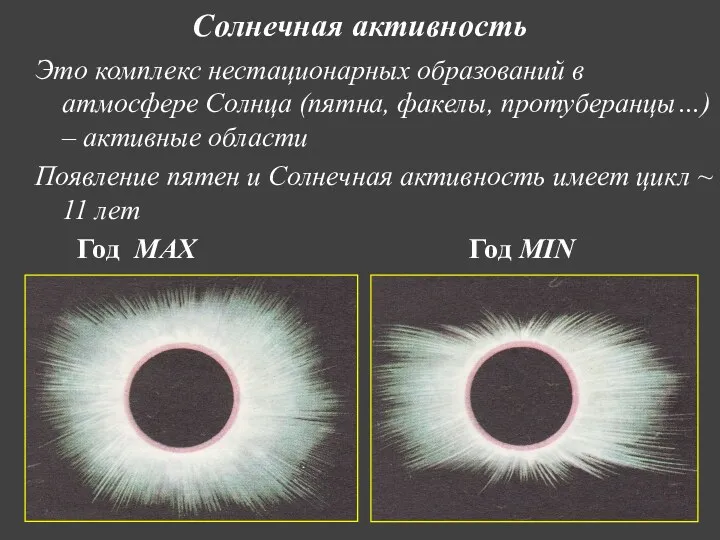 Солнечная активность Это комплекс нестационарных образований в атмосфере Солнца (пятна,