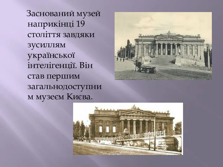 Заснований музей наприкінці 19 століття завдяки зусиллям української інтелігенції. Він став першим загальнодоступним музеєм Києва.