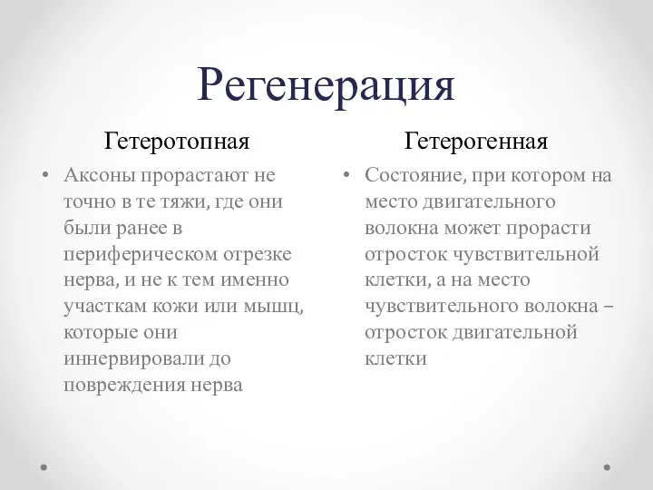 Регенерация Гетеротопная Гетерогенная Аксоны прорастают не точно в те тяжи,