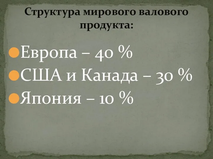 Структура мирового валового продукта: Европа – 40 % США и Канада – 30