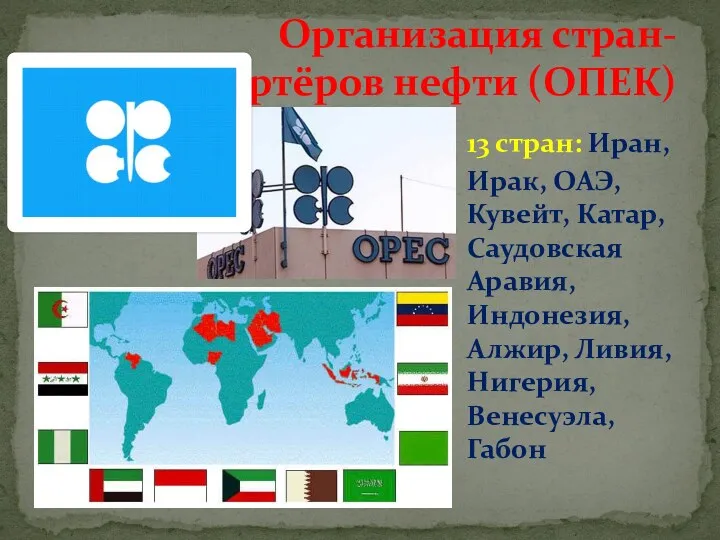 Организация стран-экспортёров нефти (ОПЕК) 13 стран: Иран, Ирак, ОАЭ, Кувейт, Катар, Саудовская Аравия,