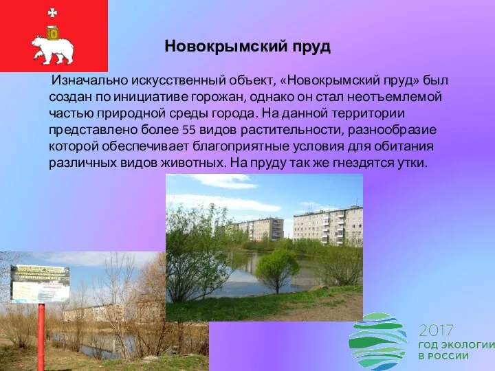 Новокрымский пруд Изначально искусственный объект, «Новокрымский пруд» был создан по инициативе горожан, однако