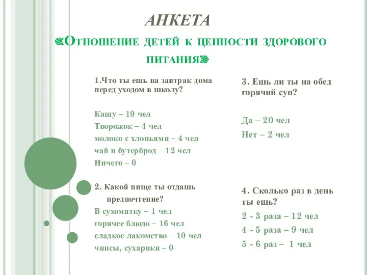 АНКЕТА «Отношение детей к ценности здорового питания» 1.Что ты ешь на завтрак дома