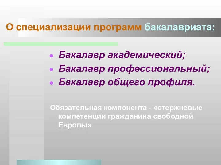 О специализации программ бакалавриата: Бакалавр академический; Бакалавр профессиональный; Бакалавр общего