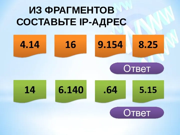 ИЗ ФРАГМЕНТОВ СОСТАВЬТЕ IP-АДРЕС 4.14 16 9.154 8.25 14 6.140 5.15 .64 Ответ Ответ