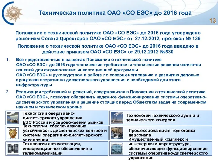 Техническая политика ОАО «СО ЕЭС» до 2016 года Все представленные в разделах Положения
