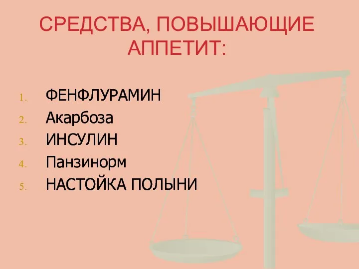 СРЕДСТВА, ПОВЫШАЮЩИЕ АППЕТИТ: ФЕНФЛУРАМИН Акарбоза ИНСУЛИН Панзинорм НАСТОЙКА ПОЛЫНИ