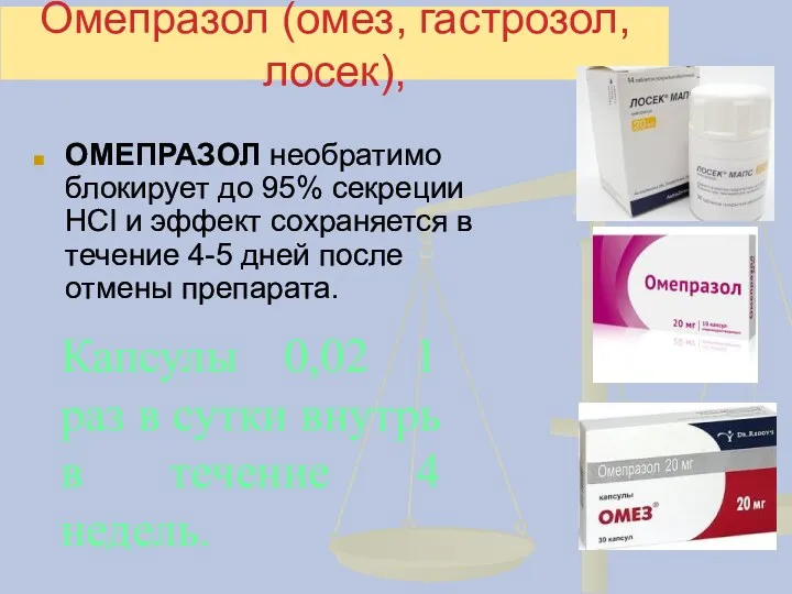 Омепразол (омез, гастрозол, лосек), ОМЕПРАЗОЛ необратимо блокирует до 95% секреции