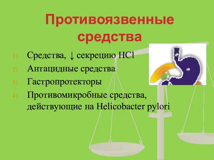 Противоязвенные средства Средства, ↓ секрецию HCl Антацидные средства Гастропротекторы Противомикробные средства, действующие на Helicobacter pylori