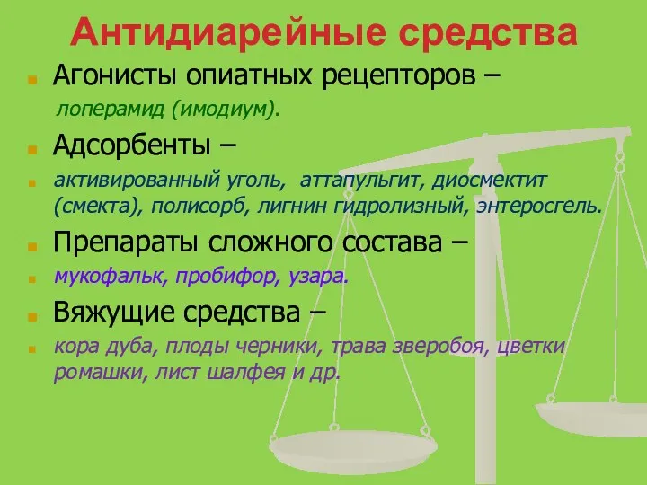 Антидиарейные средства Агонисты опиатных рецепторов – лоперамид (имодиум). Адсорбенты –