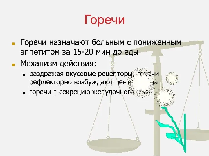 Горечи Горечи назначают больным с пониженным аппетитом за 15-20 мин