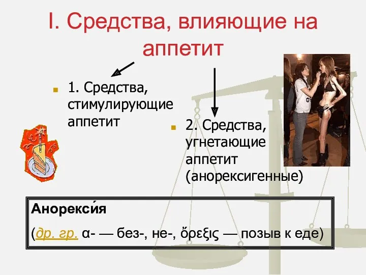 I. Средства, влияющие на аппетит 1. Средства, стимулирующие аппетит 2.