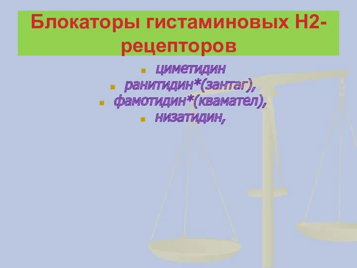 Блокаторы гистаминовых Н2-рецепторов циметидин ранитидин*(зантаг), фамотидин*(квамател), низатидин,