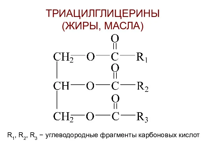 ТРИАЦИЛГЛИЦЕРИНЫ (ЖИРЫ, МАСЛА) R1, R2, R3 − углеводородные фрагменты карбоновых кислот