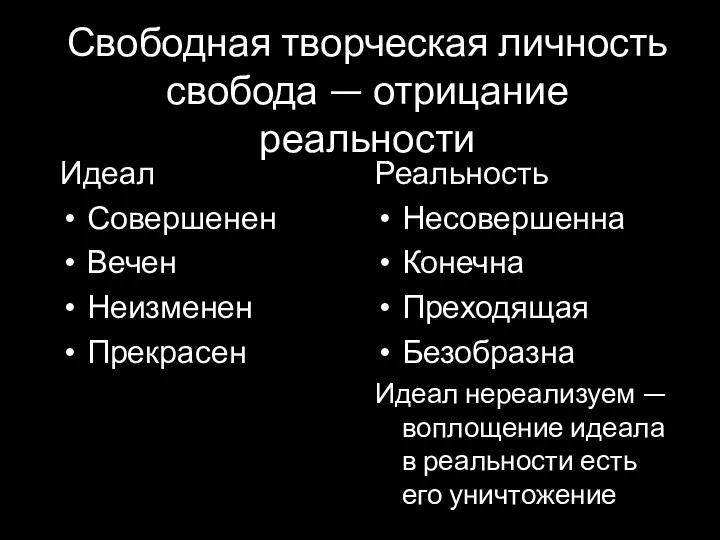 Свободная творческая личность свобода — отрицание реальности Идеал Совершенен Вечен