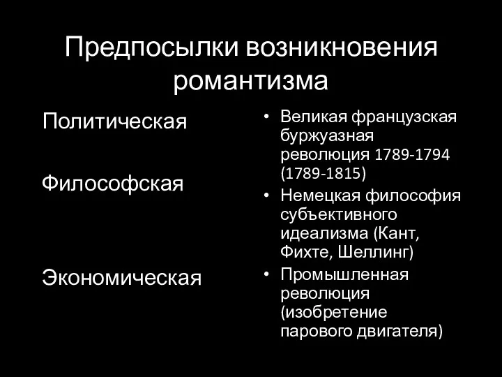 Предпосылки возникновения романтизма Политическая Философская Экономическая Великая французская буржуазная революция