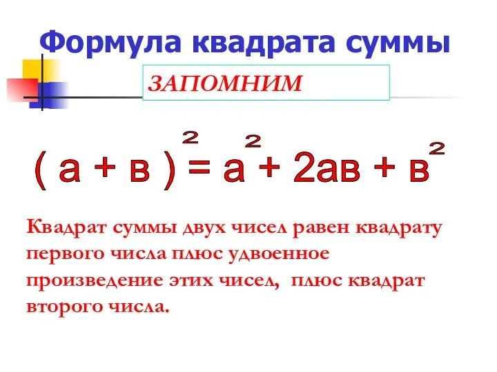 Формула квадрата суммы ЗАПОМНИМ Квадрат суммы двух чисел равен квадрату