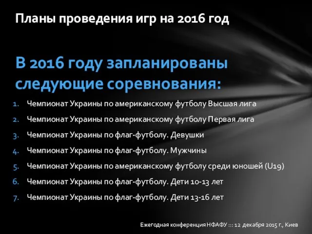 В 2016 году запланированы следующие соревнования: Чемпионат Украины по американскому