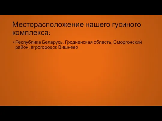 Месторасположение нашего гусиного комплекса: Республика Беларусь, Гродненская область, Сморгонский район, агрогородок Вишнево