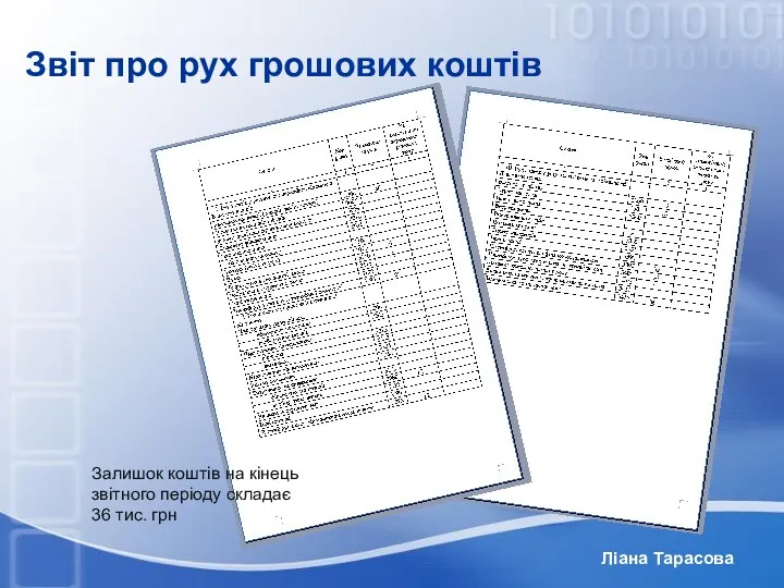 Ліана Тарасова Звіт про рух грошових коштів Залишок коштів на