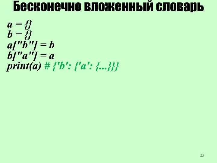 Бесконечно вложенный словарь a = {} b = {} a["b"]