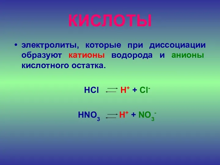 КИСЛОТЫ электролиты, которые при диссоциации образуют катионы водорода и анионы