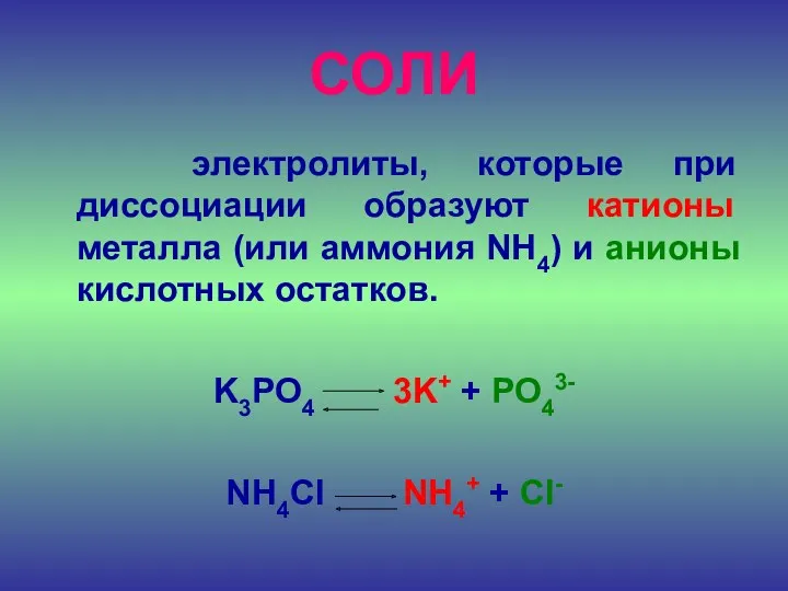 СОЛИ электролиты, которые при диссоциации образуют катионы металла (или аммония