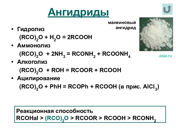 Ангидриды Гидролиз (RCO)2О + H2O = 2RCOOH Аммонолиз (RCO)2О +