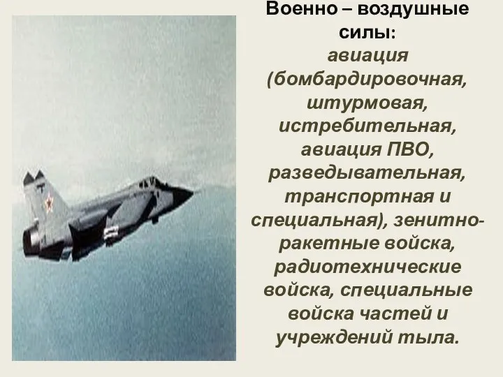 Военно – воздушные силы: авиация (бомбардировочная, штурмовая, истребительная, авиация ПВО,